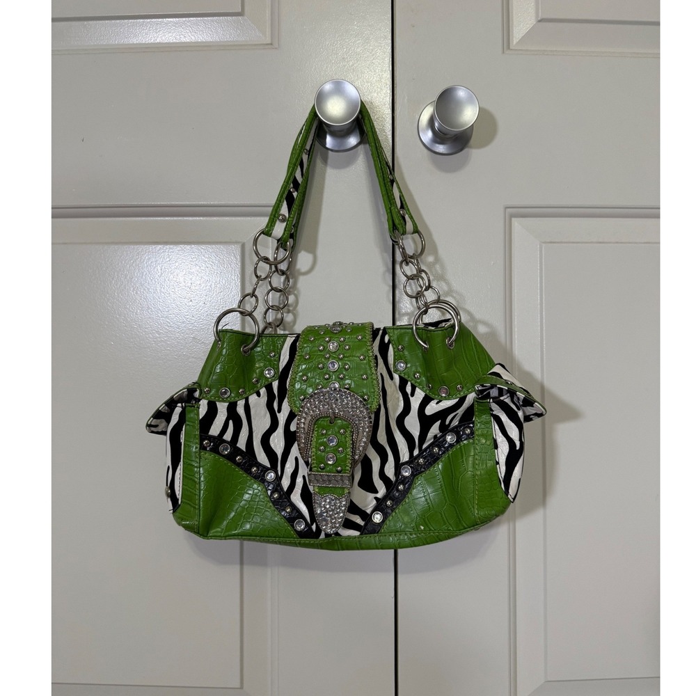 Y2K Green Zebra Print Western Shoulder Bag Rhinestone Buckle Bling 2000s Grunge